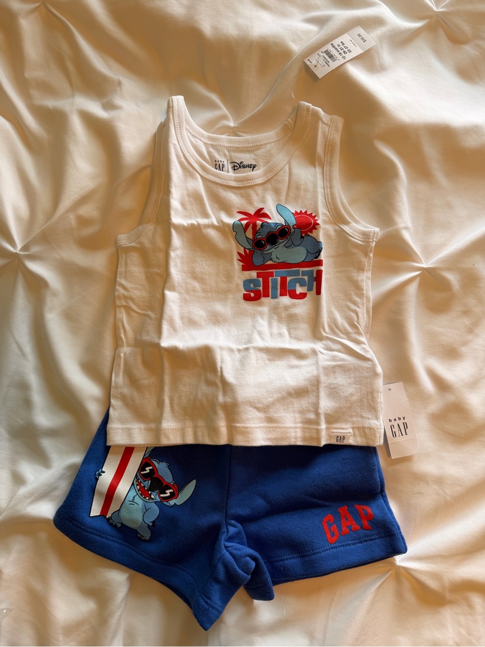 GAP White Tank Top and Blue Shorts Kids Matching Set with Stitch Graphic